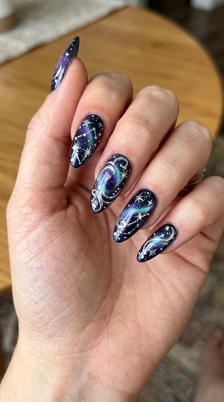 Cosmic Cat Eye Star Swirls - 25 magical starry swirl nail ideas