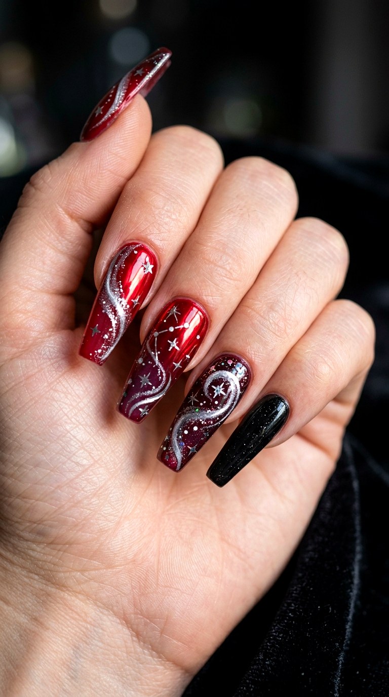 Cosmic Red Starry Swirls - 25 magical starry swirl nail ideas