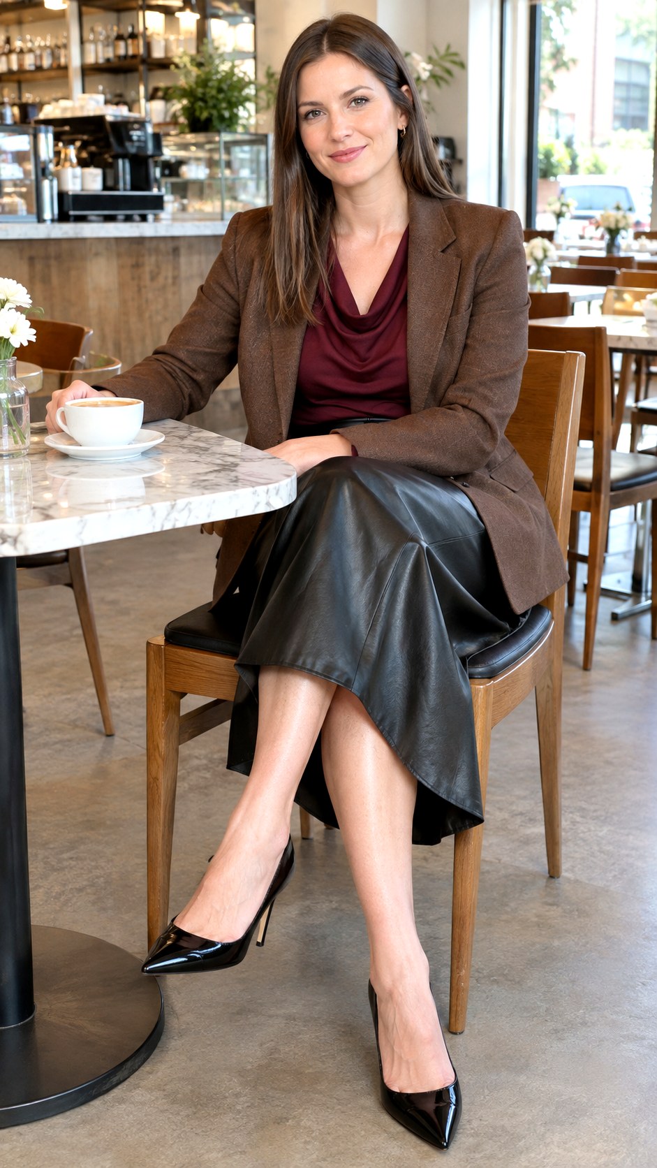Cowl Neck Top and Leather Midi Skirt - 23 brown blazer outfits for women ideas