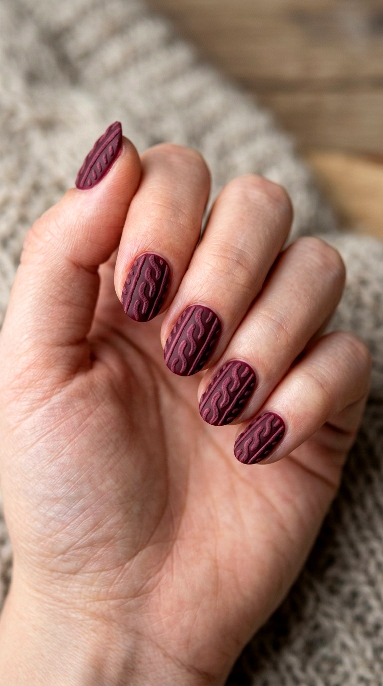 Cozy Burgundy Knitted Nails - 24 winter sweater nails nail art design ideas