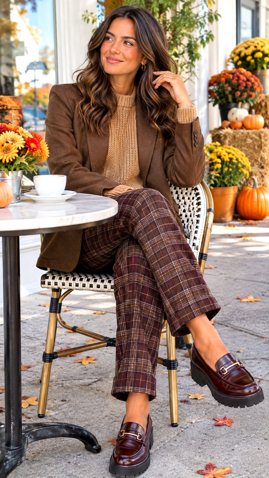 Cozy Camel Sweater and Plaid Trousers - 23 brown blazer outfits for women ideas
