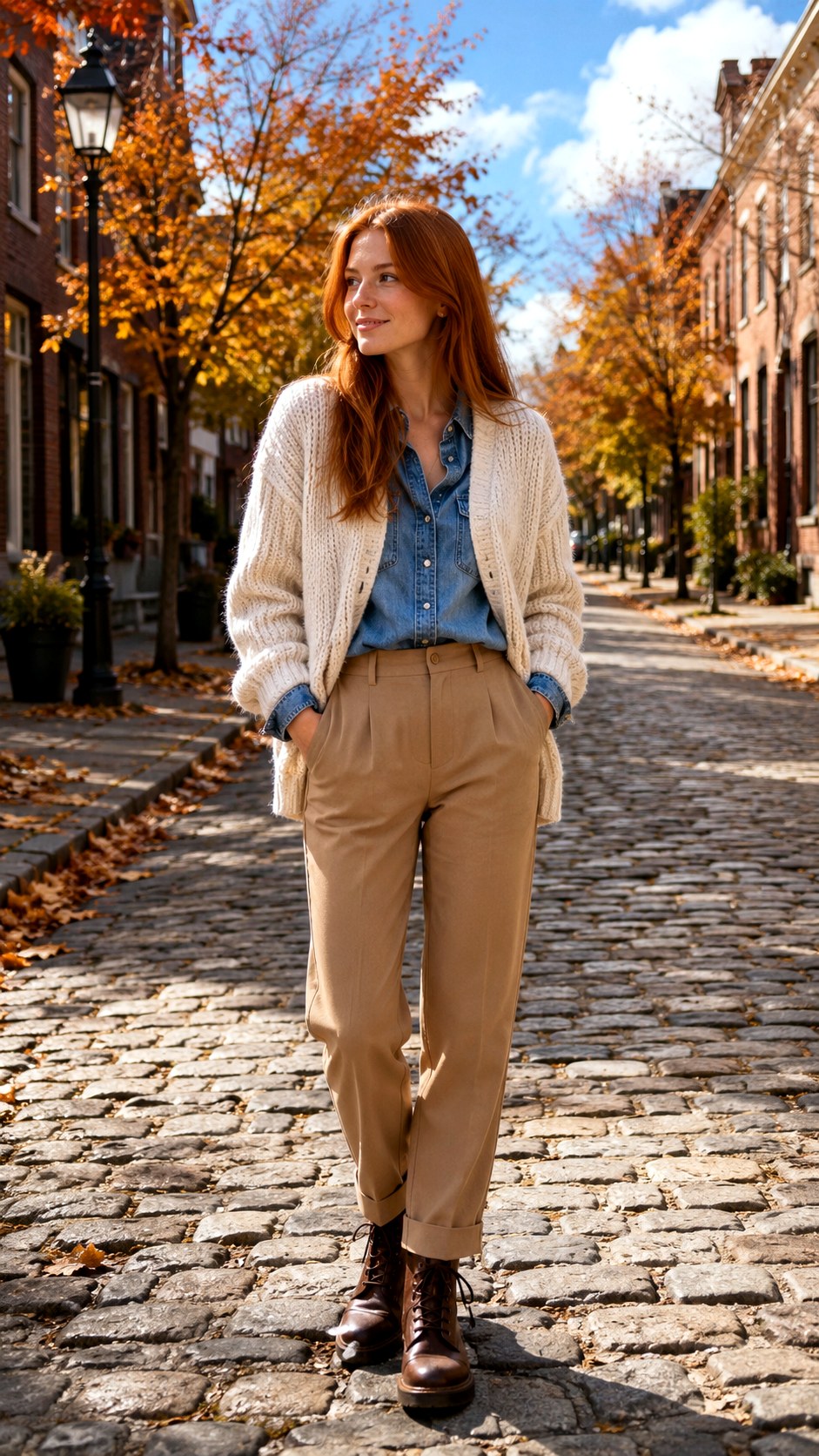 Cozy Chunky Knit Denim Button Up Outfit - 22 Denim Button Up Outfit Ideas