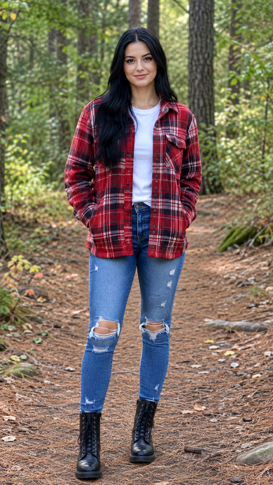Cozy Flannel Shacket and Distressed Jeans - 25 outfit inspo fall ideas