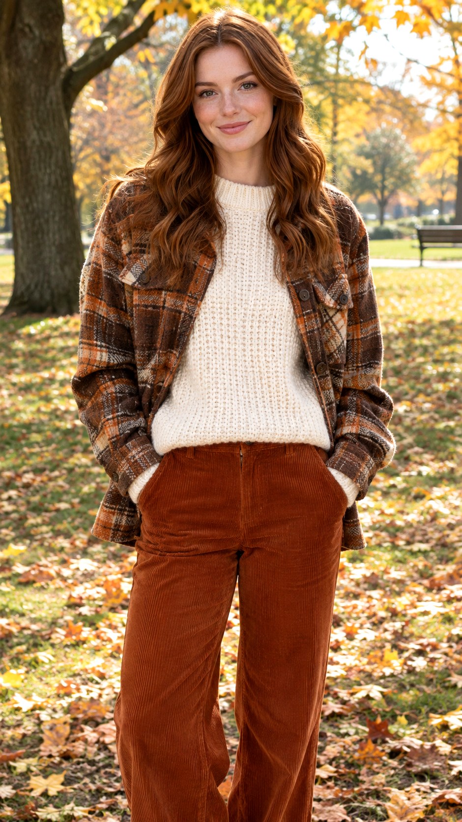 Cozy Knit Sweater And Corduroys With Plaid Shacket - 23 plaid shacket outfit women ideas