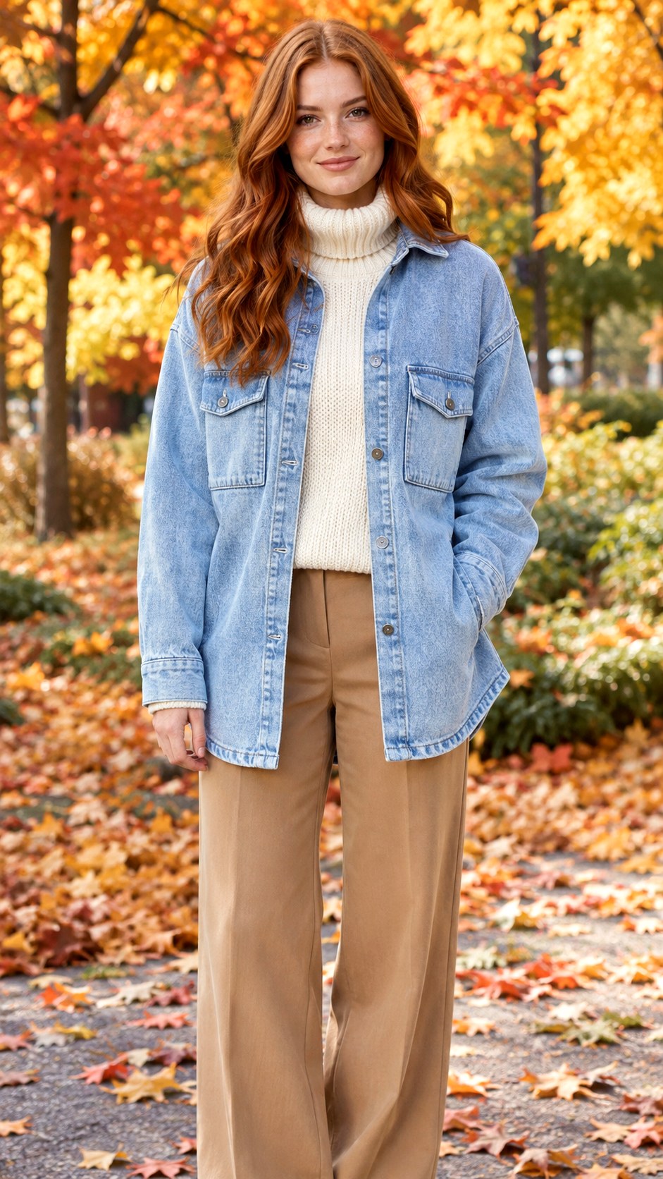 Cozy Turtleneck and Denim Shacket Outfit - 25 denim shacket outfit look ideas