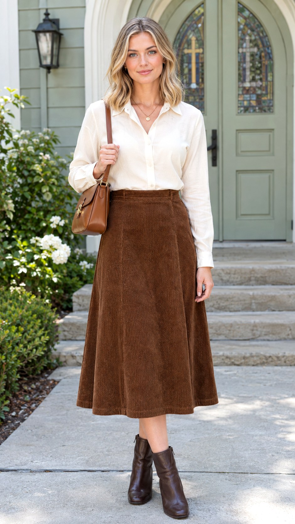 Cream Blouse With Brown Corduroy Skirt - 20 fall church outfit ideas