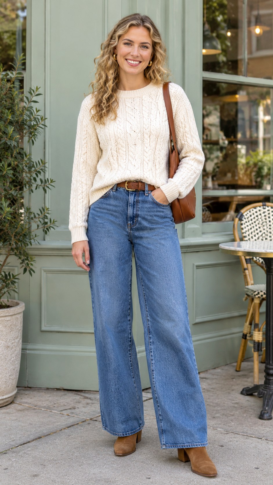 Cream Cable Knit With Wide Leg Jeans - 20 autumn 2026 outfits