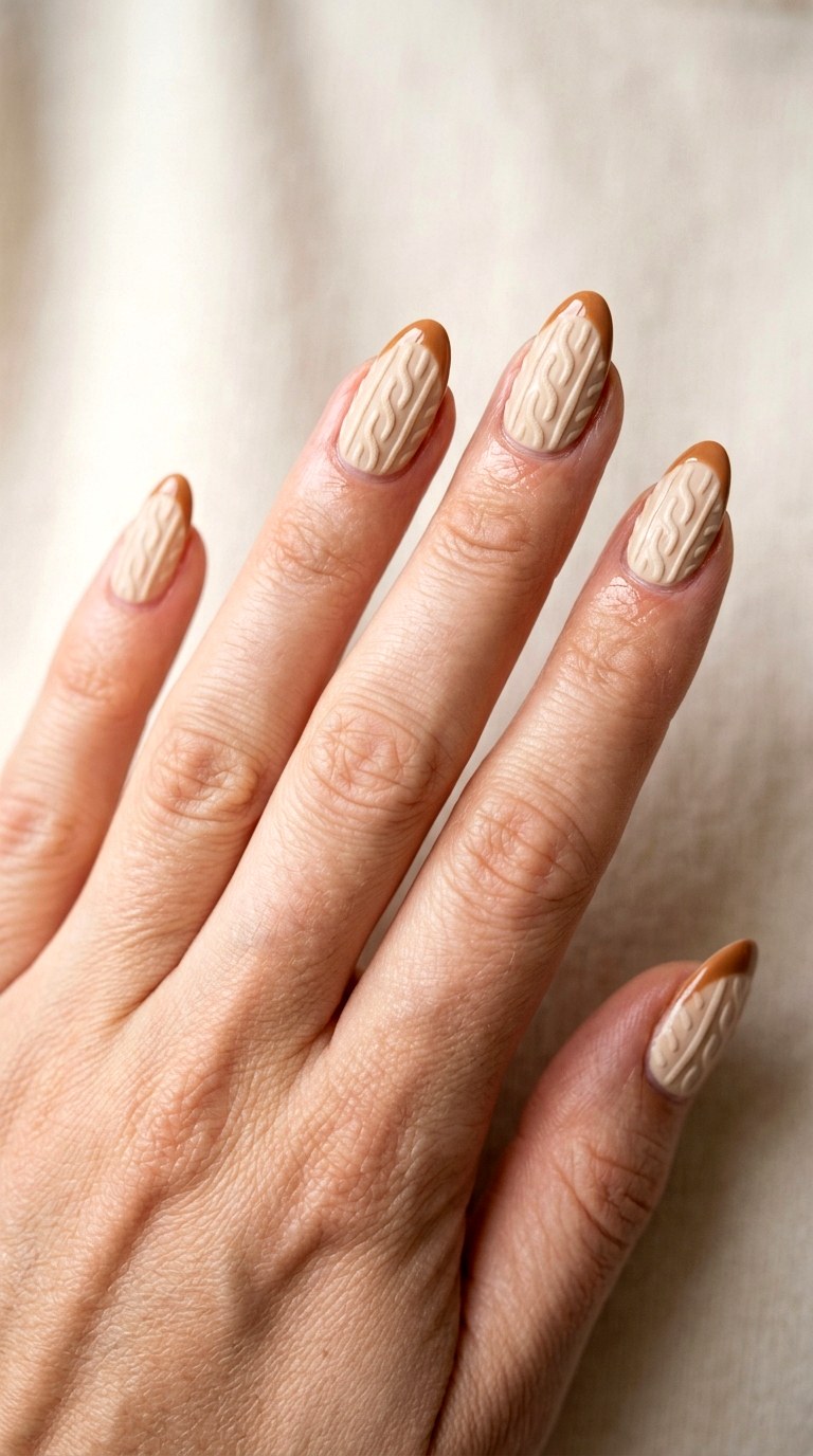 Cream Latte Knit Texture Nails - 23 sweater nails fall nail art design ideas