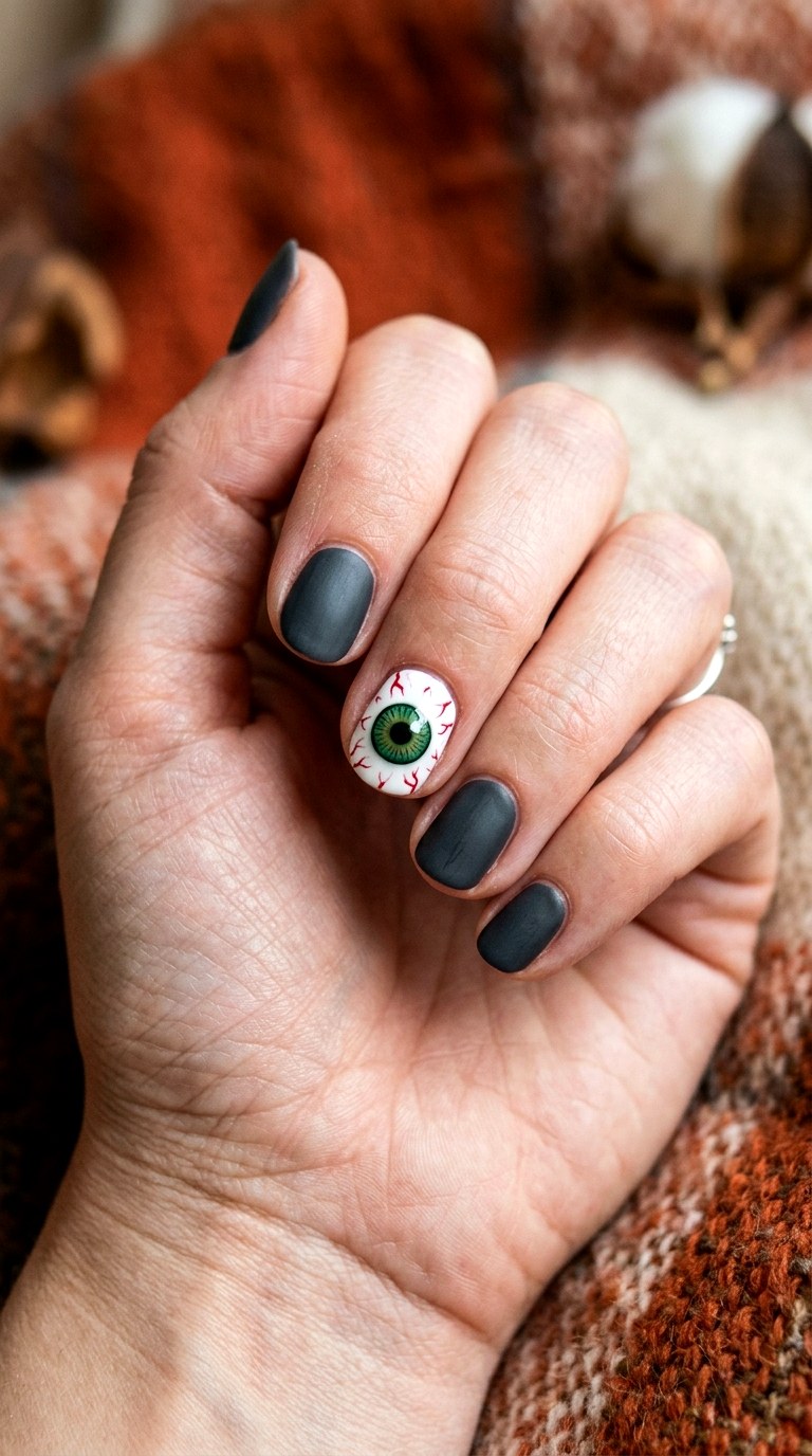 Creepy Eyeball Accent Nails - 23 simple halloween nail ideas