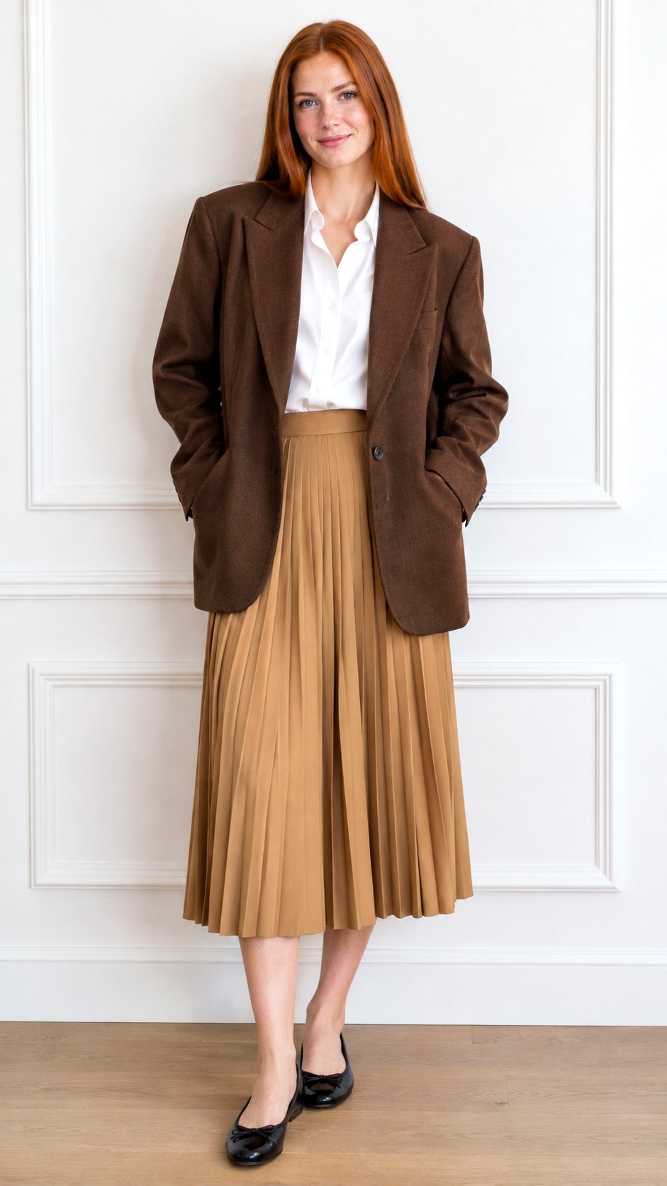 Crisp Button Down and Pleated Skirt - 23 brown blazer outfits for women ideas