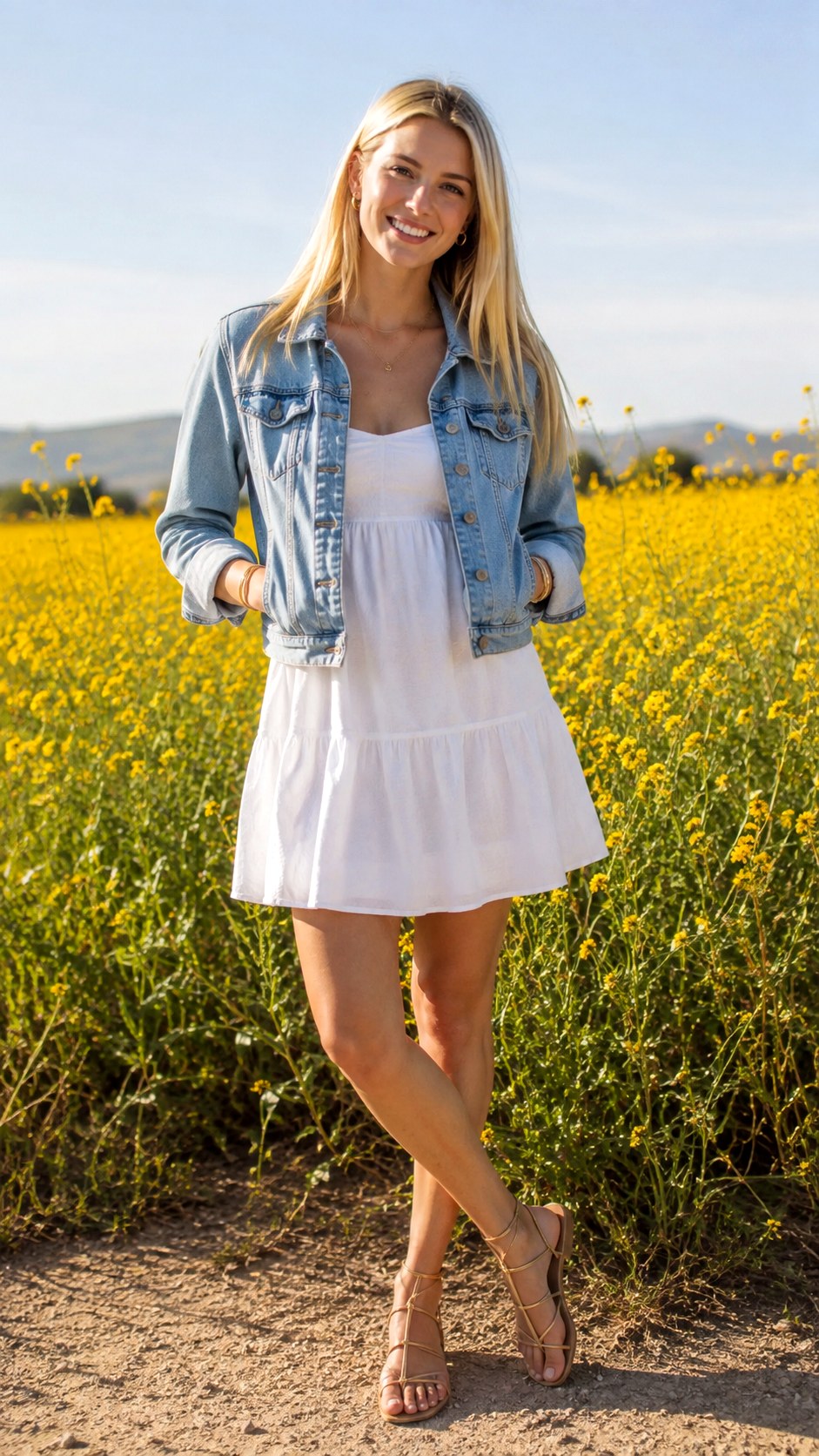 Cropped Denim Jacket and White Sundress - 24 Denim Outfits for Women Ideas