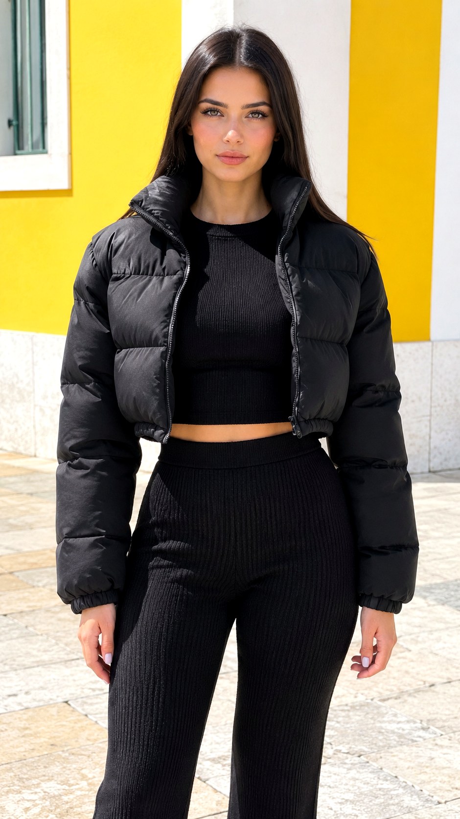 Cropped Puffer Jacket and Knit Set - 25 cozy fall outfit ideas