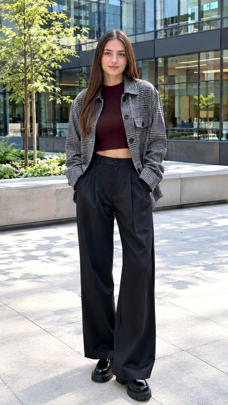 Cropped Sweater And Wide Leg Trousers - 24 check shacket outfit ideas