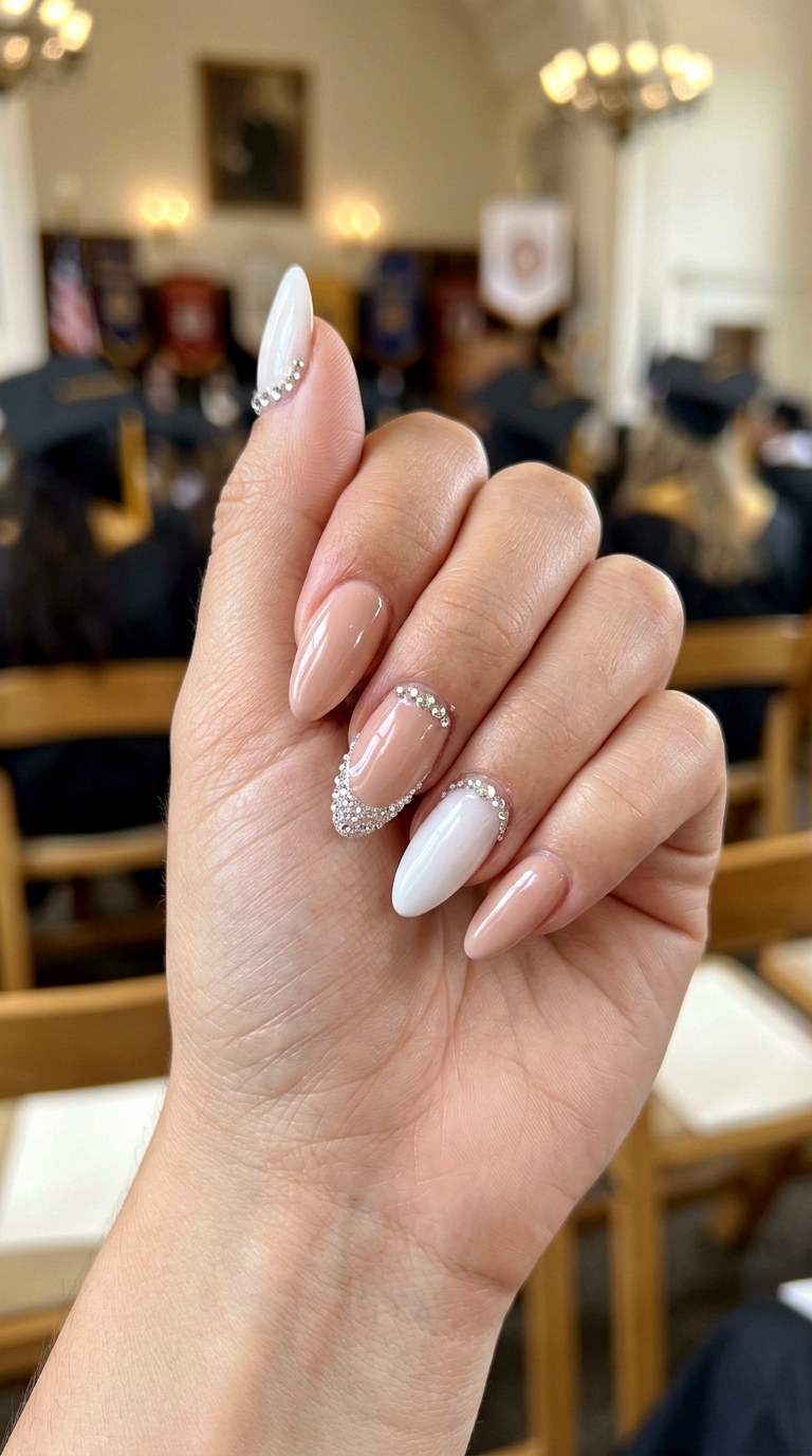 Crystal Accent Graduation Nails - 25 graduation Nail art inspiration ideas