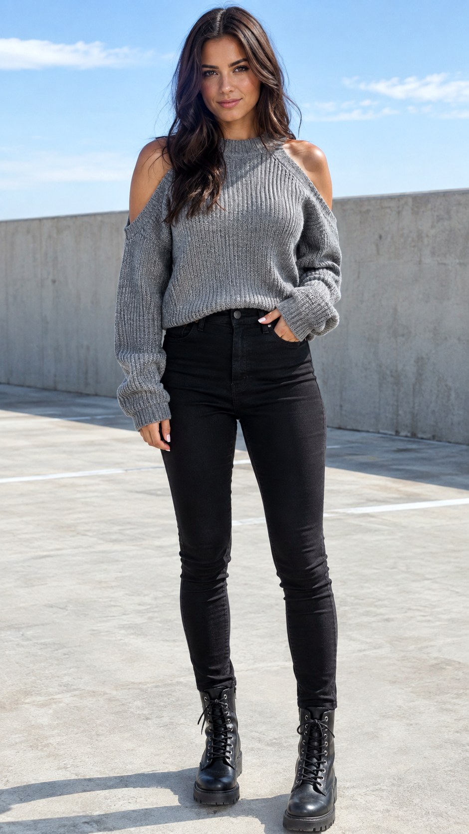 Cut Shoulder Knit and Black Denim - 24 sweater and jeans outfit ideas
