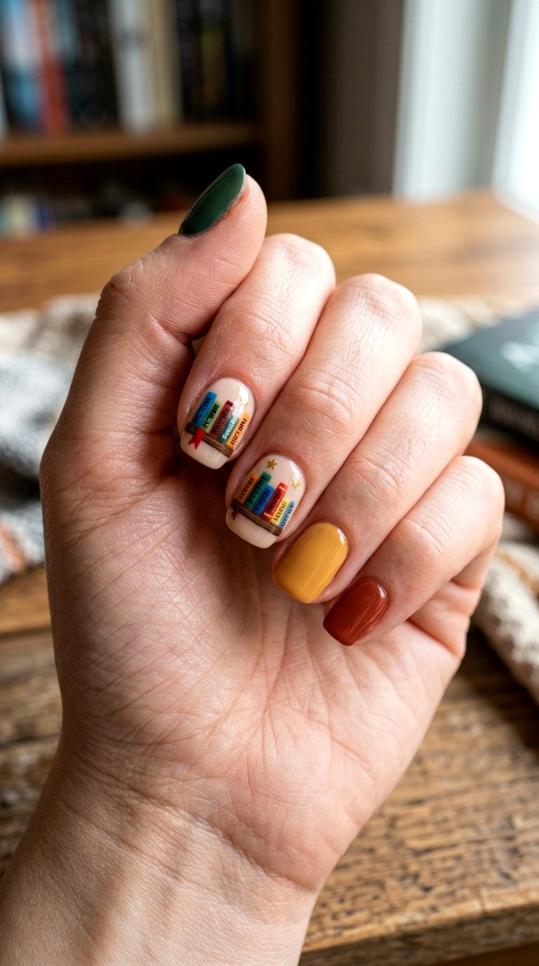 Cute Bookshelf Nail Design - 23 first day of school nail ideas