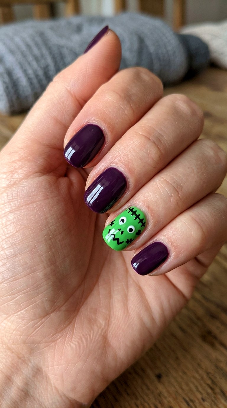 Cute Frankenstein Accent Nails - 23 simple halloween nail ideas