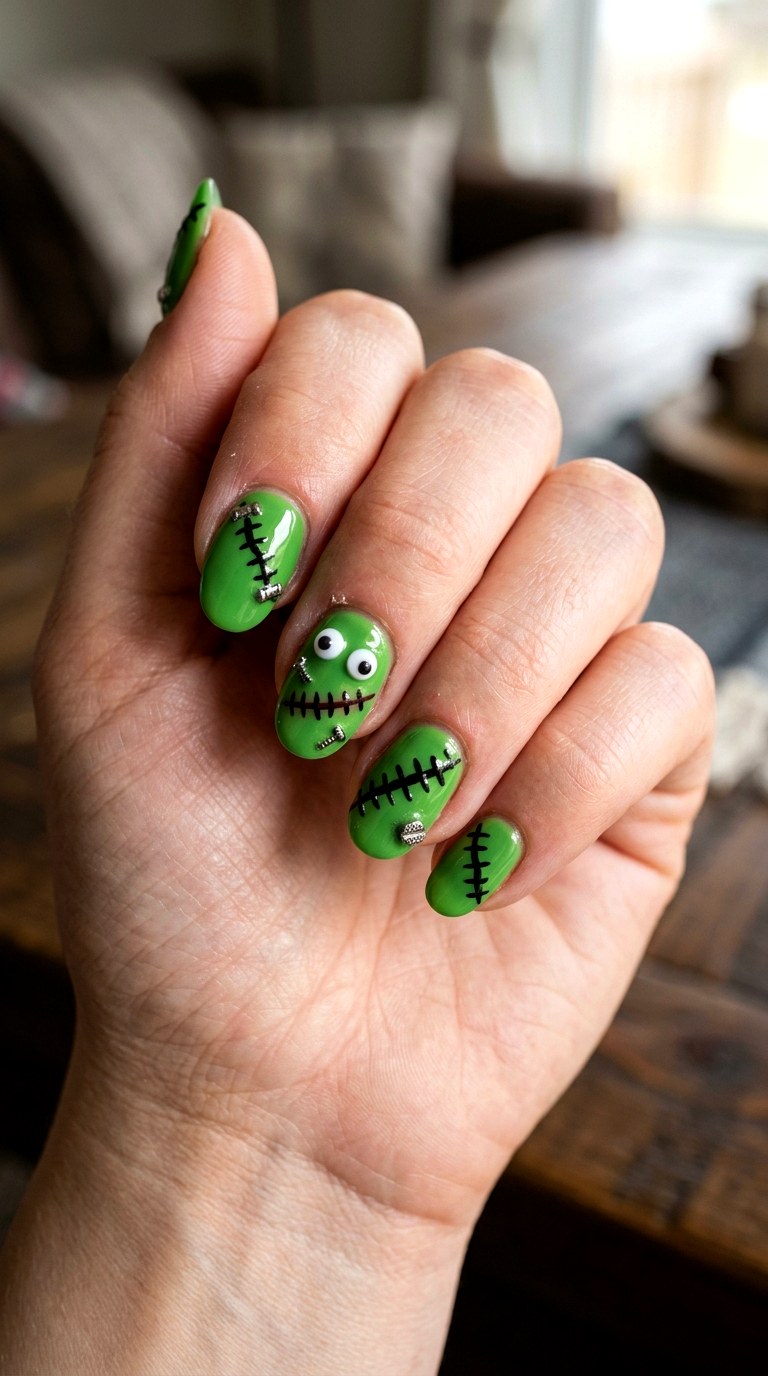 Cute Frankenstein Nails - 25 spooky nail ideas