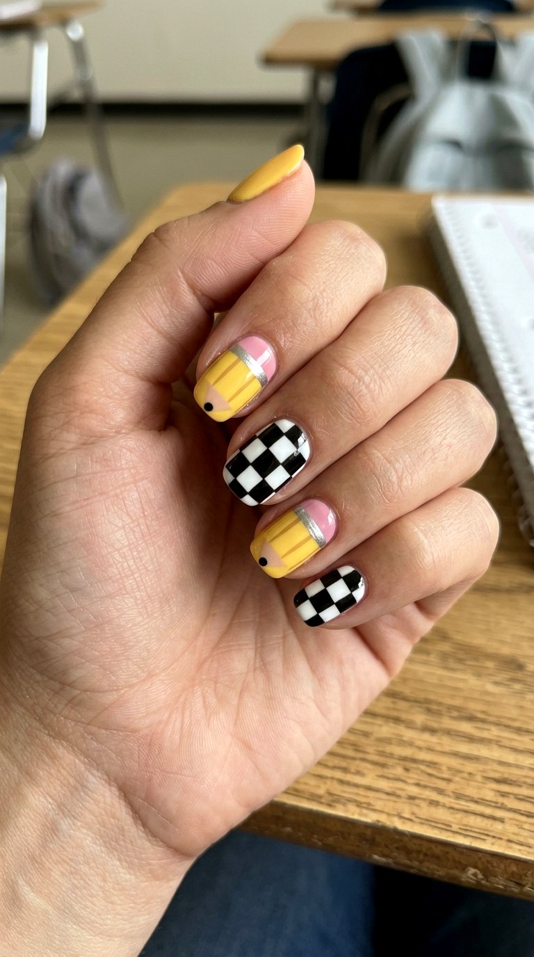 Cute Pencil Checkerboard - 23 first day of school nail ideas