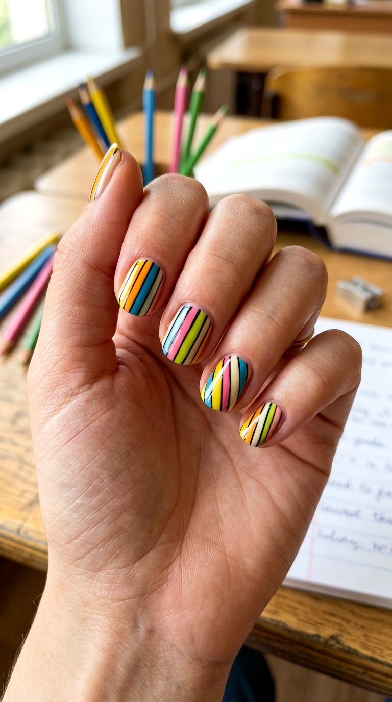 Cute Pencil Stripe Nails - 25 back to school nail ideas
