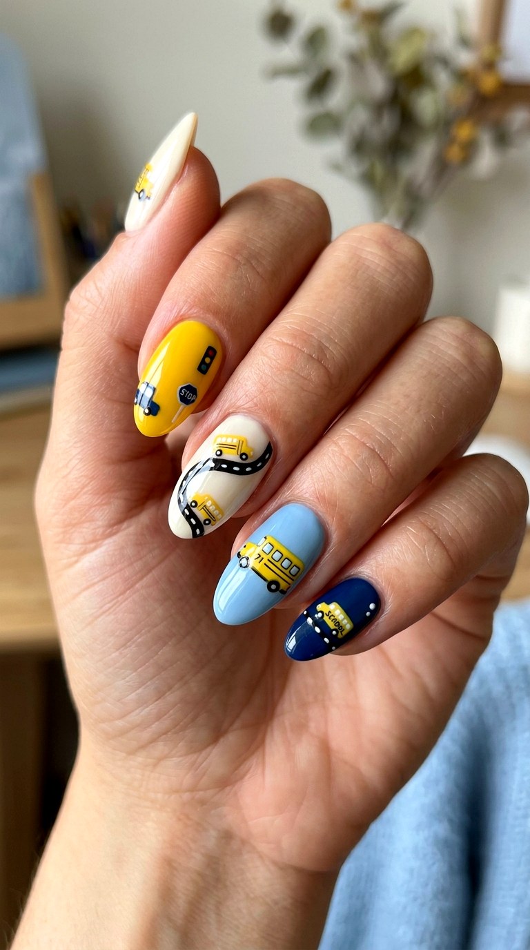Cute School Bus Accents - 23 cute back to school nail ideas