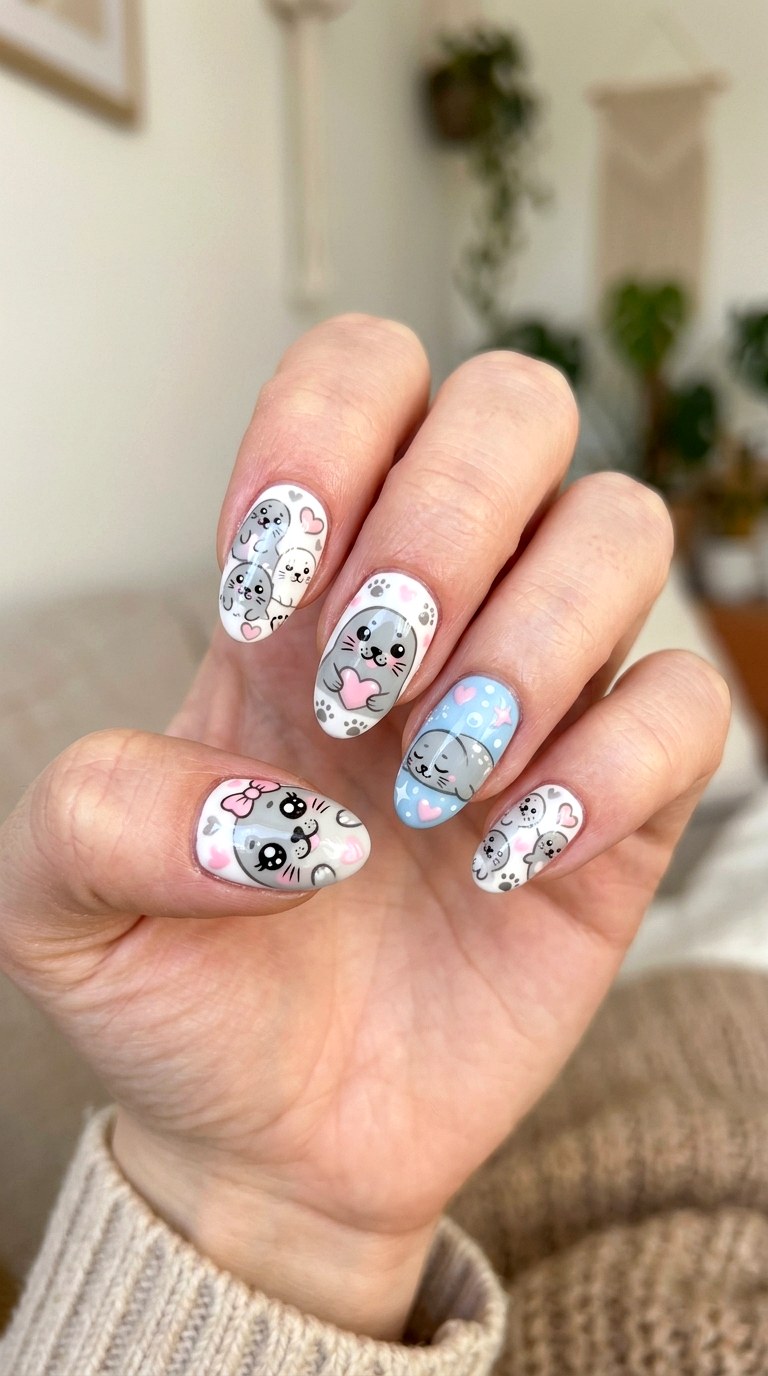 Cute Seal Heart Nails - 22 little seals cute kawaii nail ideas