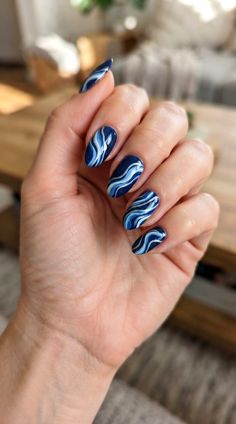 Dark Blue Abstract Waves - 22 dark blue nail design ideas