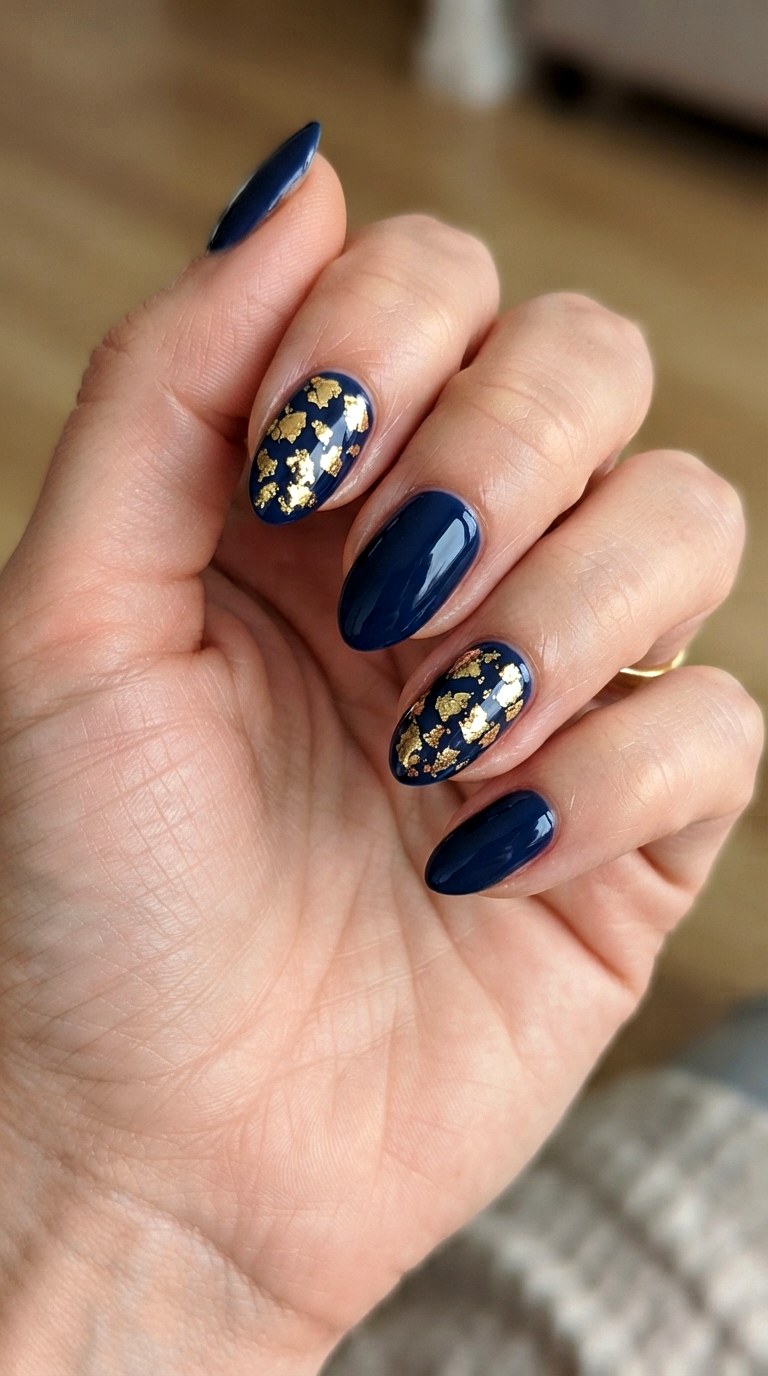 Dark Blue Gold Foil Nails - 22 dark blue nail design ideas