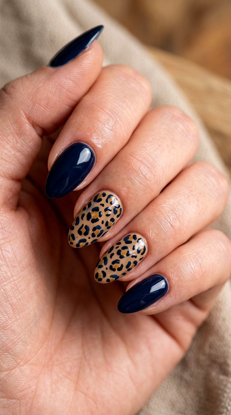 Dark Blue Leopard Accents - 22 dark blue nail design ideas