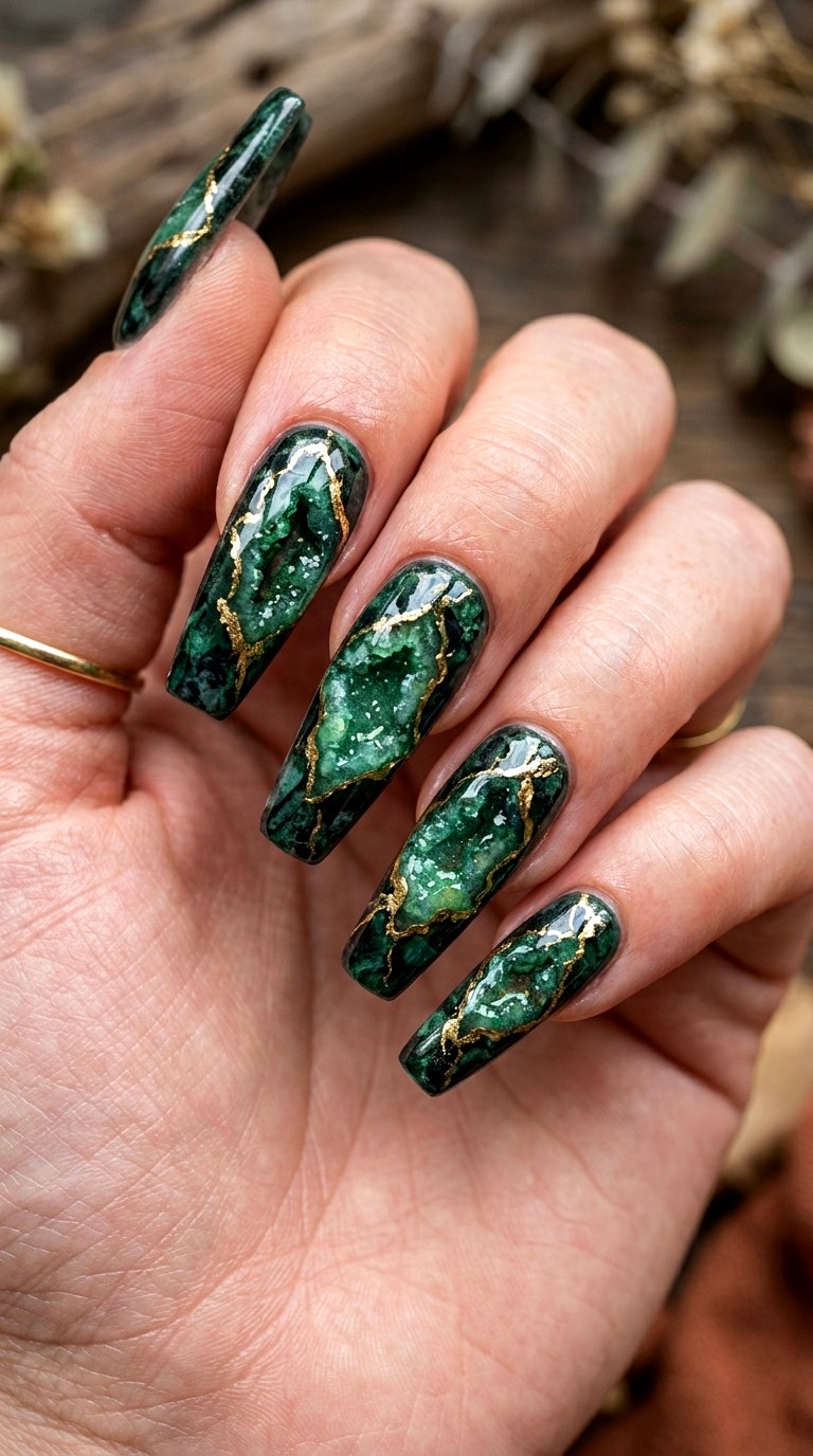 Dark Emerald Geode Nails - 23 rendering green stone Nail ideas