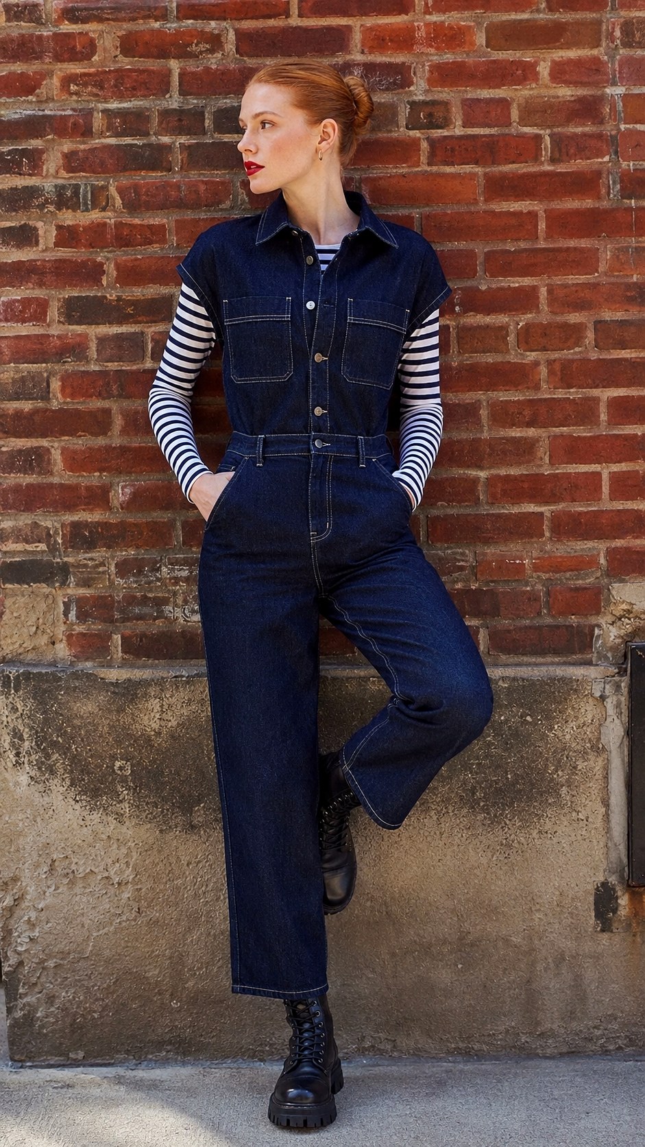 Dark Indigo Denim Jumpsuit - 20 Double Denim Outfit Ideas