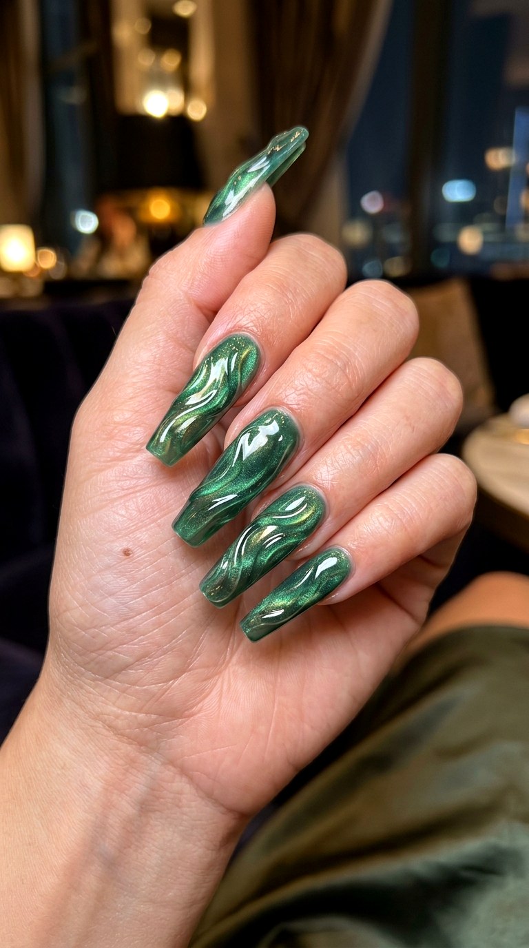 Dark Jade Liquid Ripples Nails - 23 3d green ripple nail art inspiration ideas