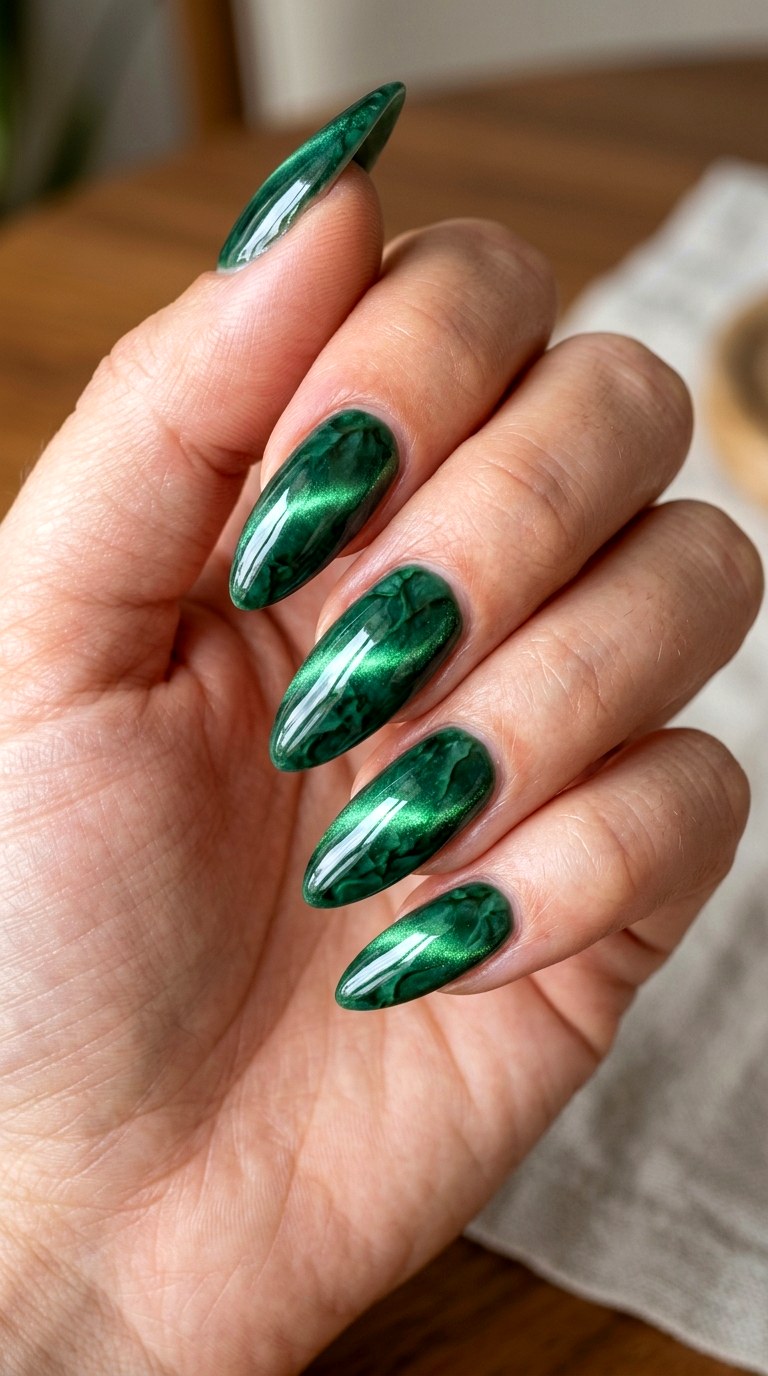 Deep Jade Cat Eye Stone Nails - 23 rendering green stone Nail ideas