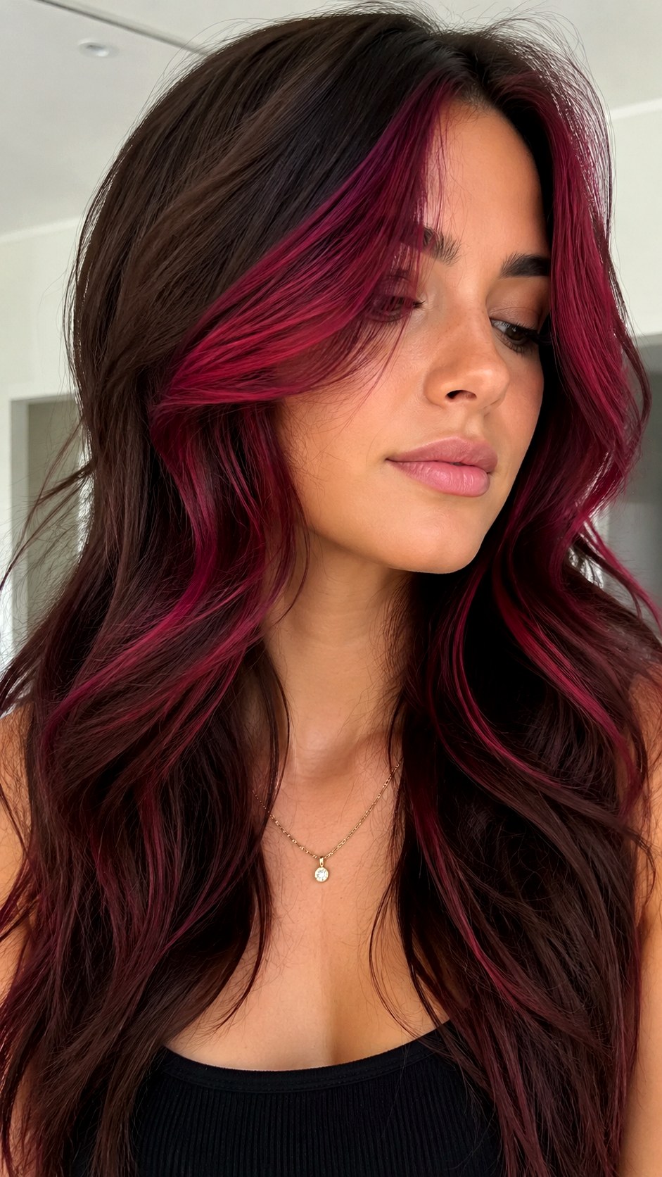 Deep Magenta Money Piece Accents - 25 hot pink hair color highlights ideas