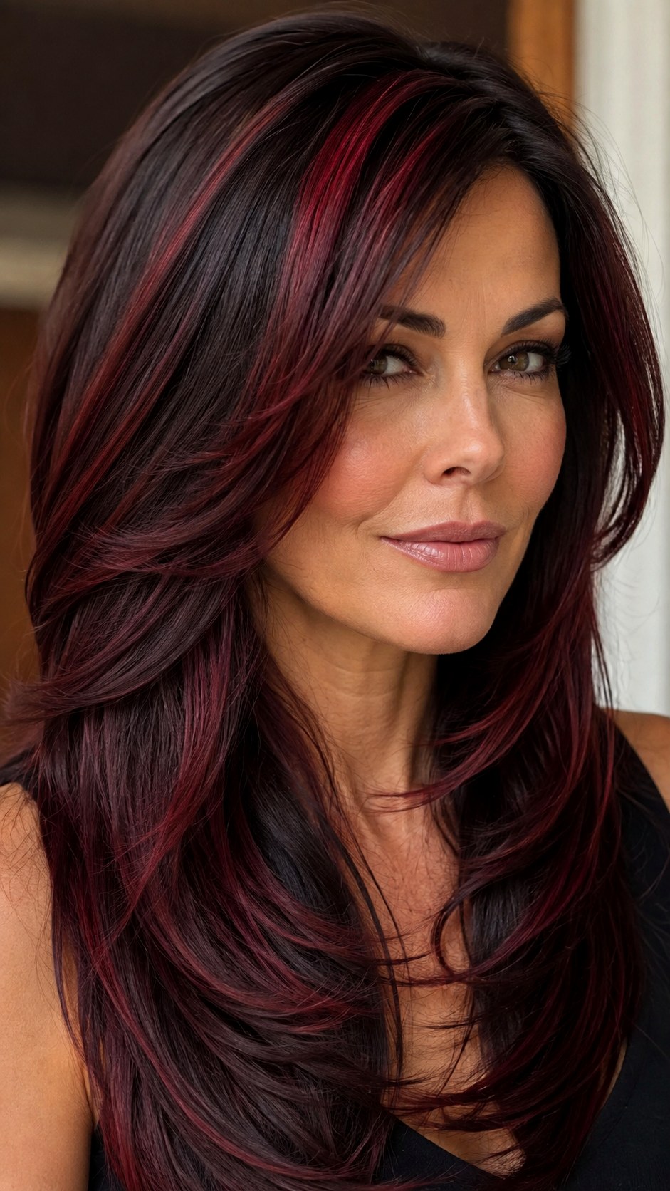 Deep Maroon Slices on Layered Cut - 22 red hair color highlights ideas