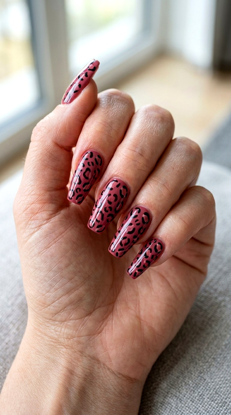 Deep Rose Leopard Nails - 20 Pink leopard nail design ideas