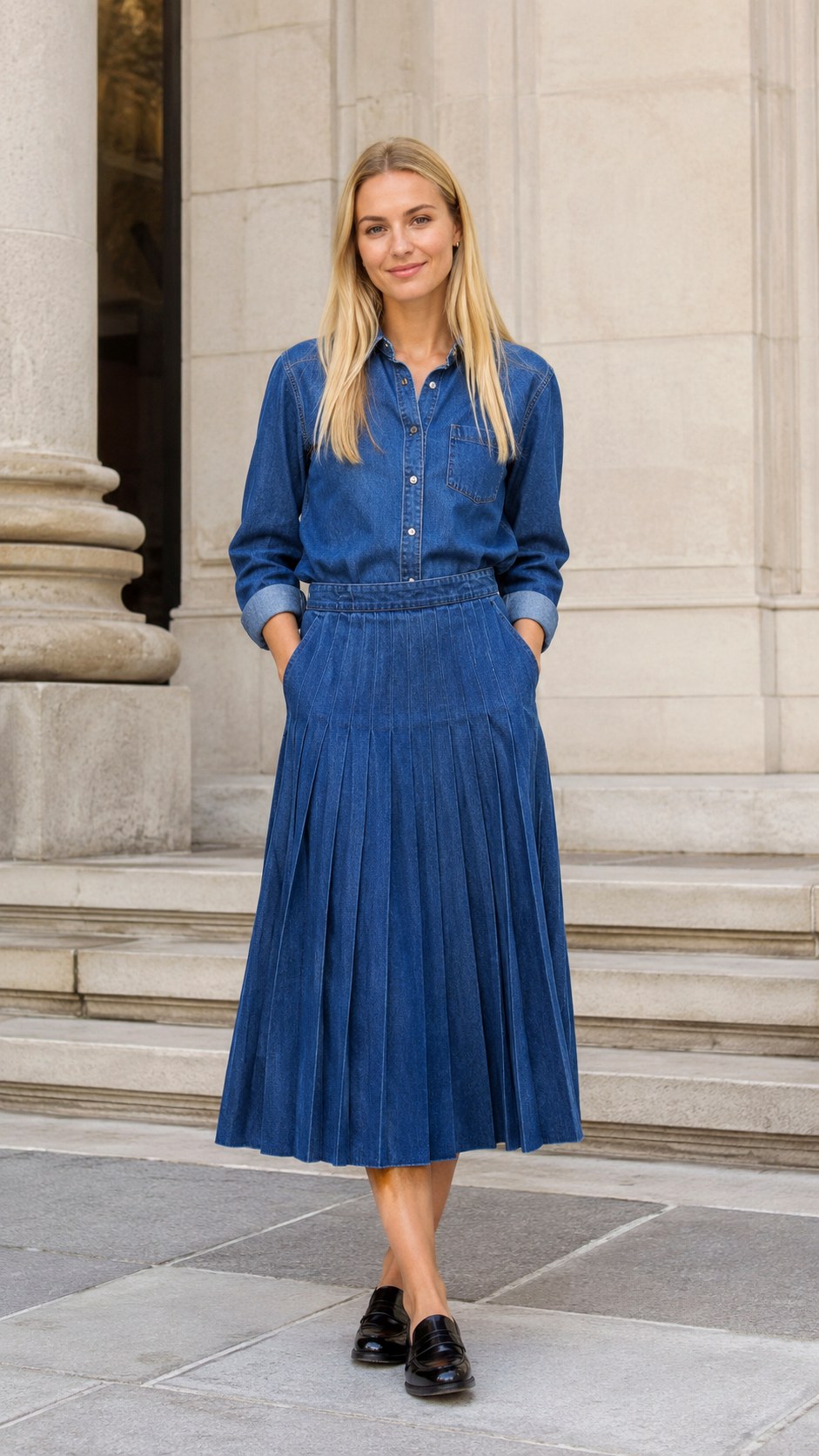 Denim Button Down And Pleated Skirt - 25 Denim Two Piece Outfit Ideas