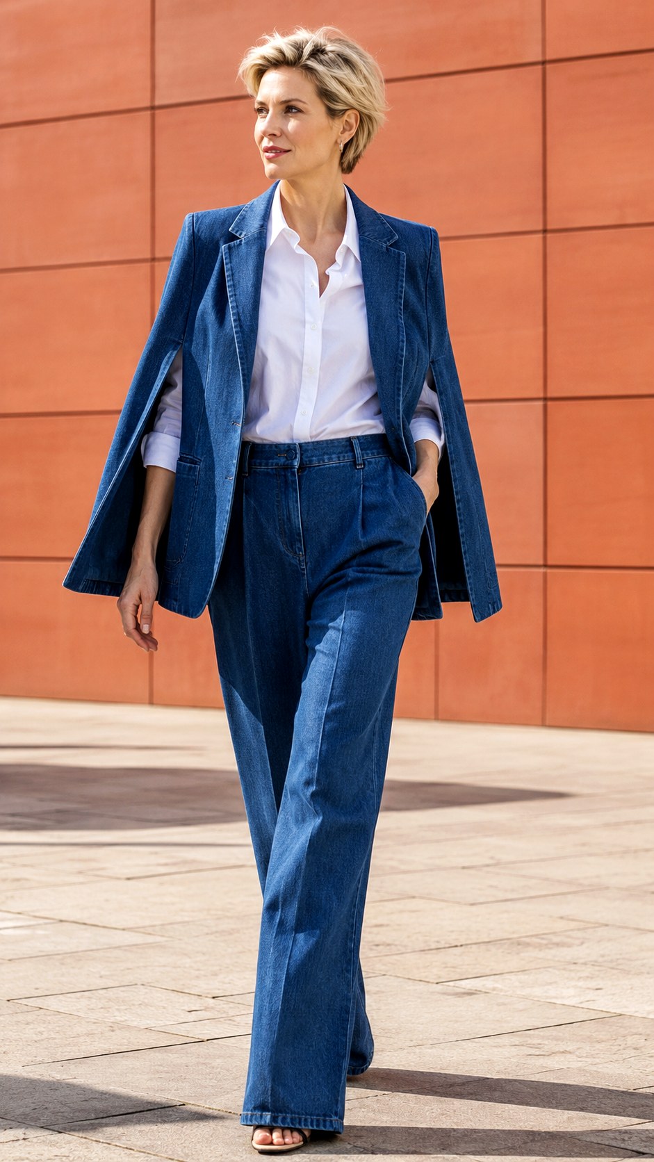 Denim Cape Blazer And Trousers - 25 Denim Two Piece Outfit Ideas