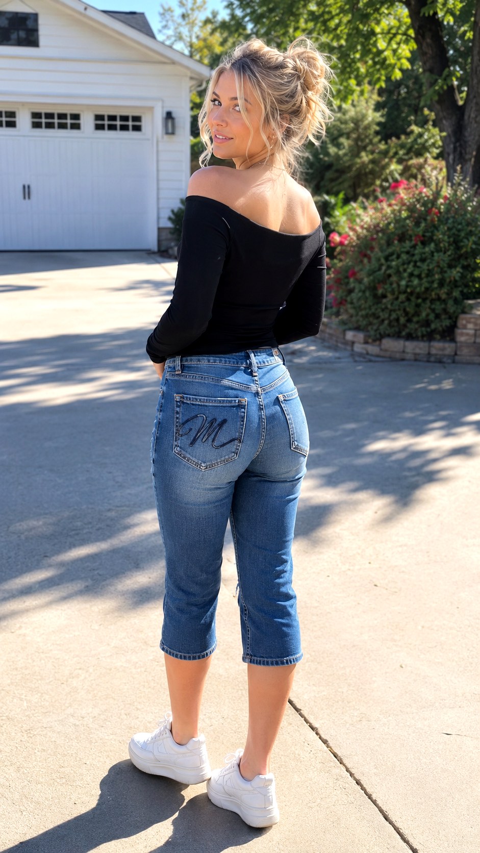 Denim Capris Script Font Pocket - 21 black pocket script font denim