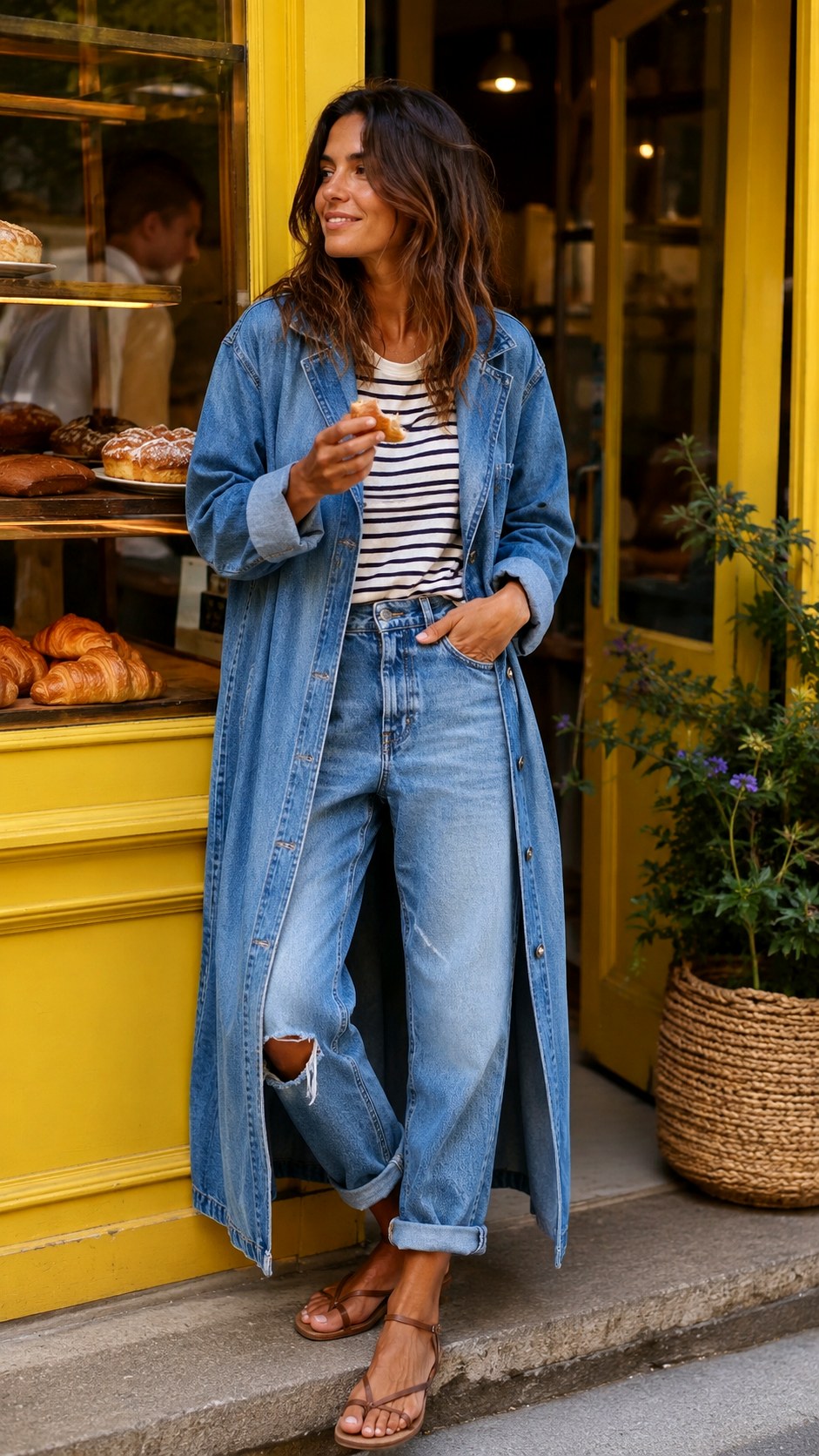 Denim Duster Coat And Boyfriend Jeans - 25 Denim Two Piece Outfit Ideas
