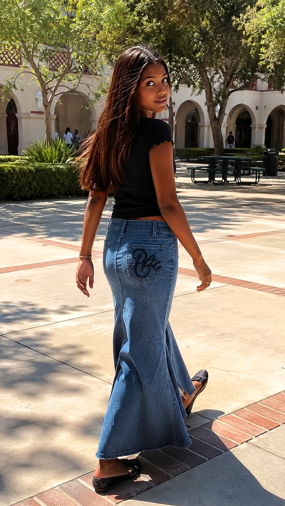 Denim Flare Skirt Script Pocket - 21 black pocket script font denim