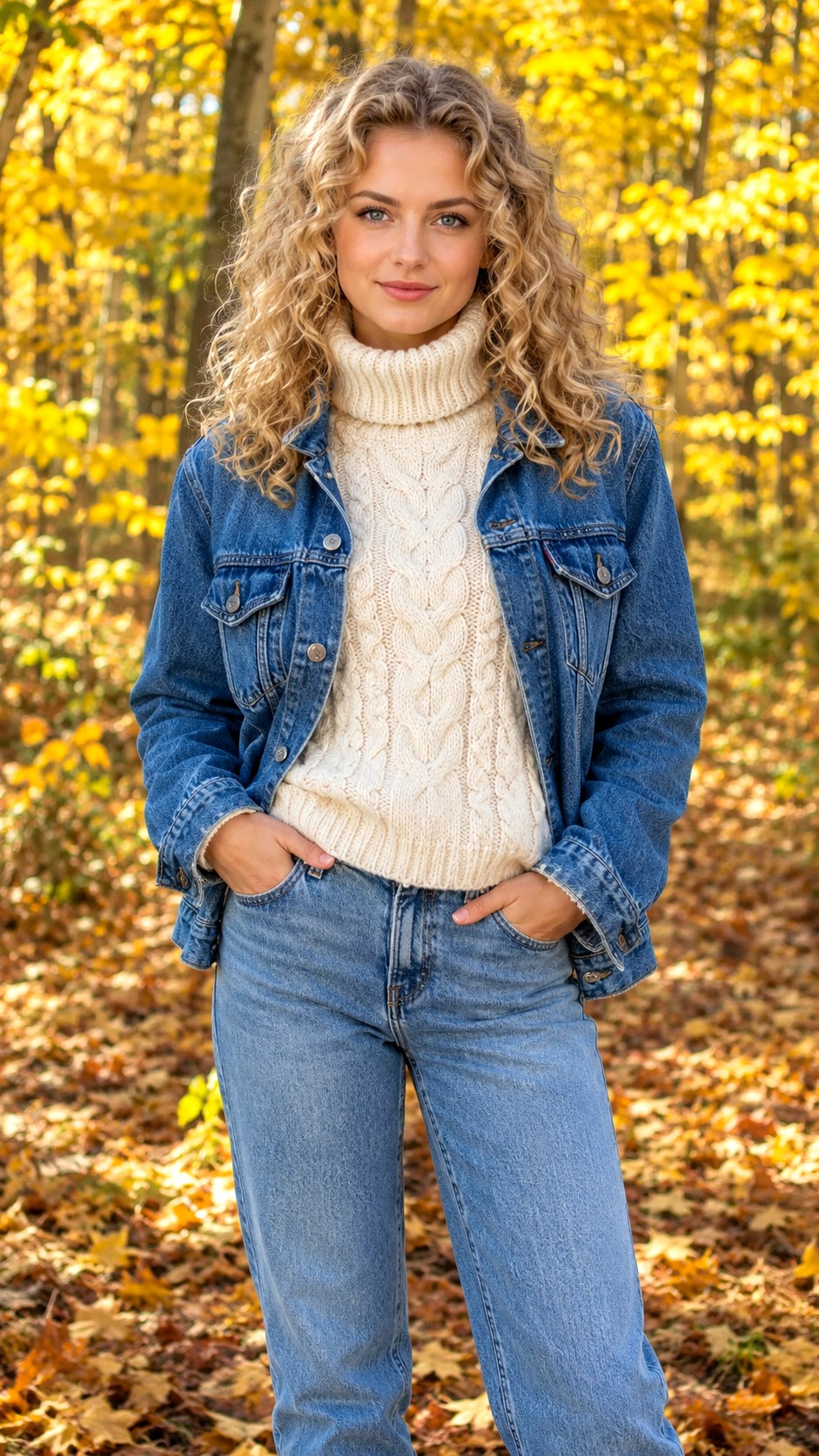 Denim Jacket Layered Over Turtleneck - 21 casual fall outfit for women look ideas