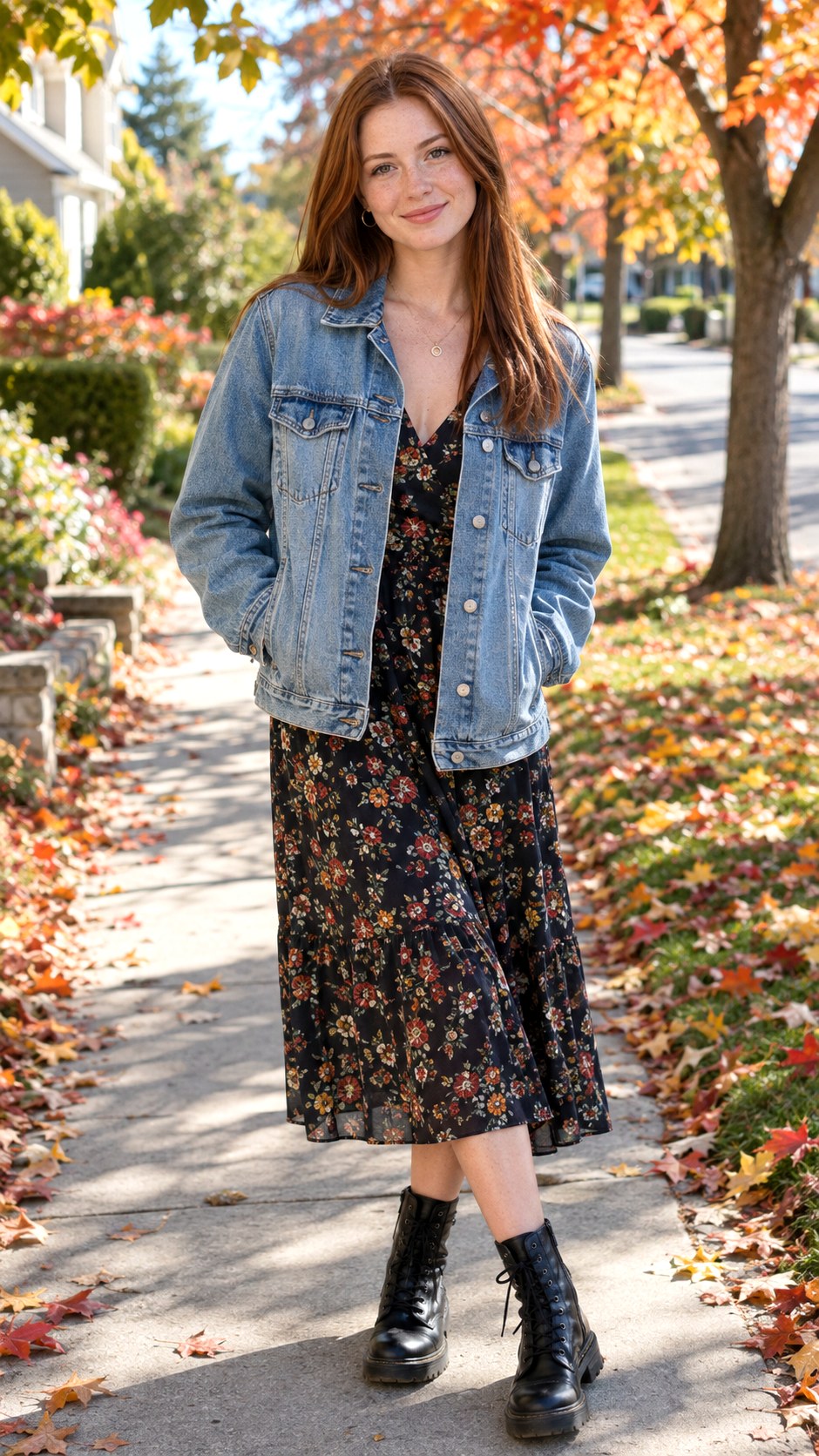 Denim Jacket Over Floral Midi Dress - 23 fall fashion outfit ideas