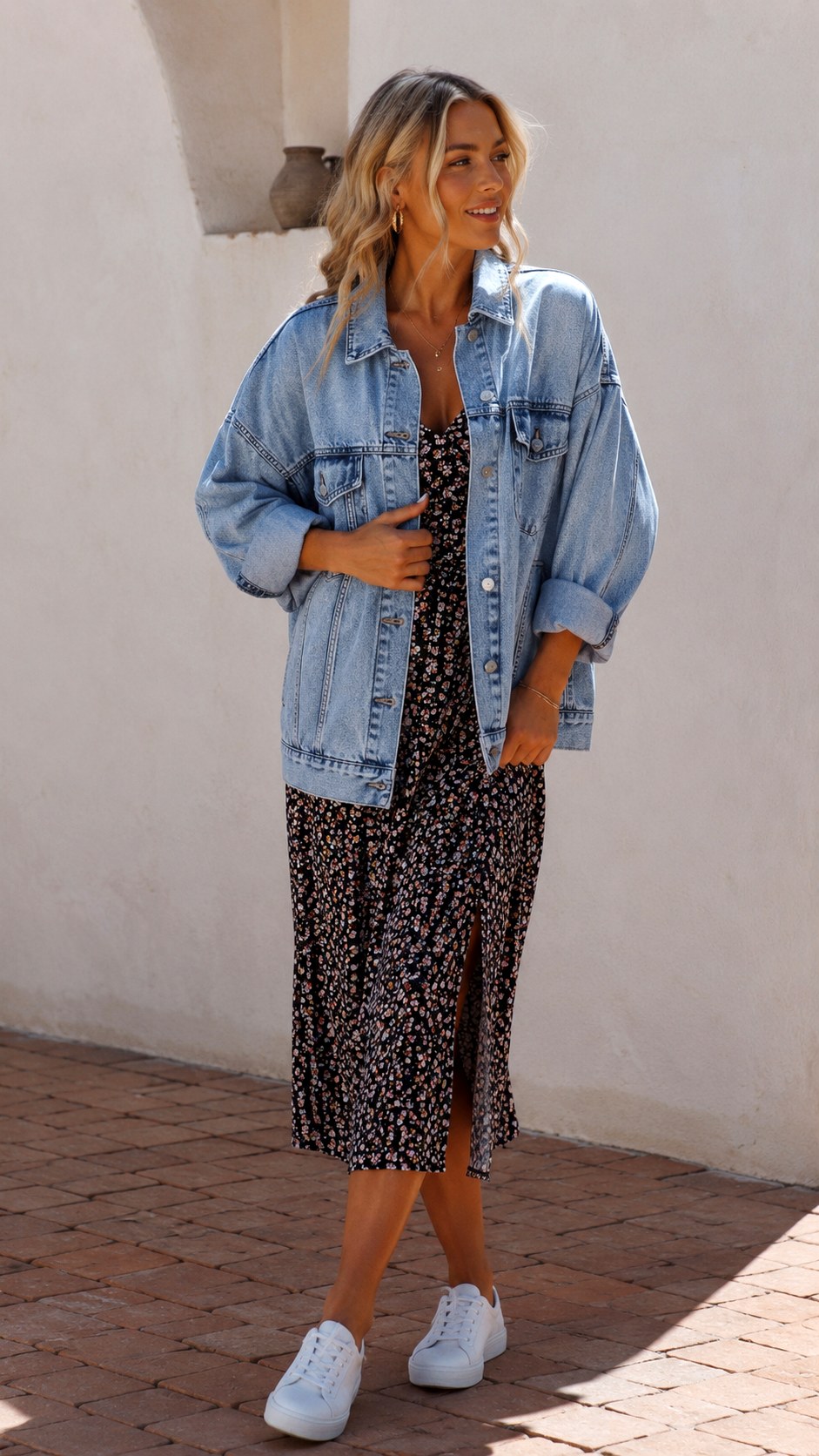Denim Jacket Over Floral Midi Dress - 21 Soft Alternative Outfits Ideas