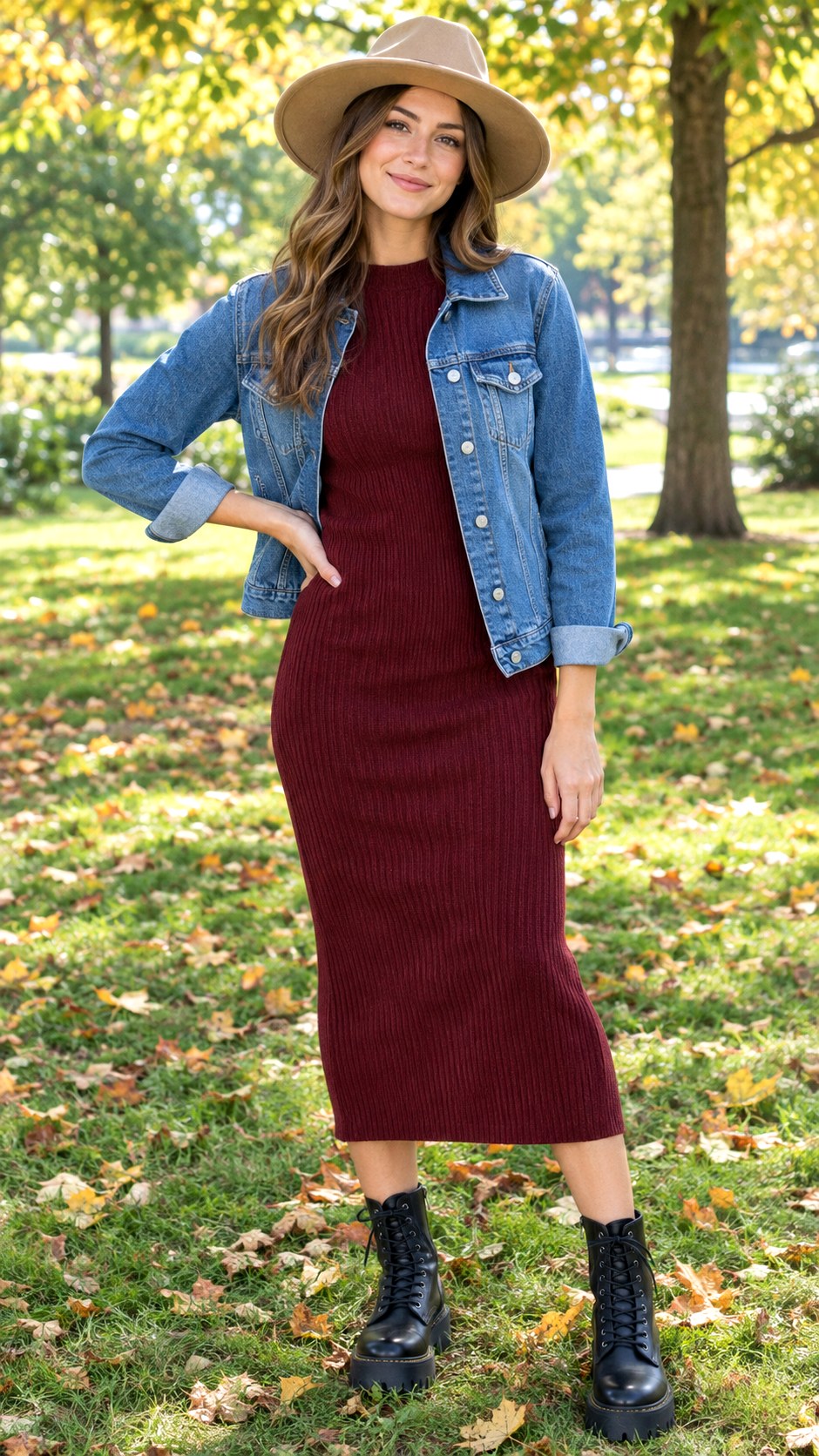 Denim Jacket Over a Knit Midi Dress - 20 casual fall outfit look ideas