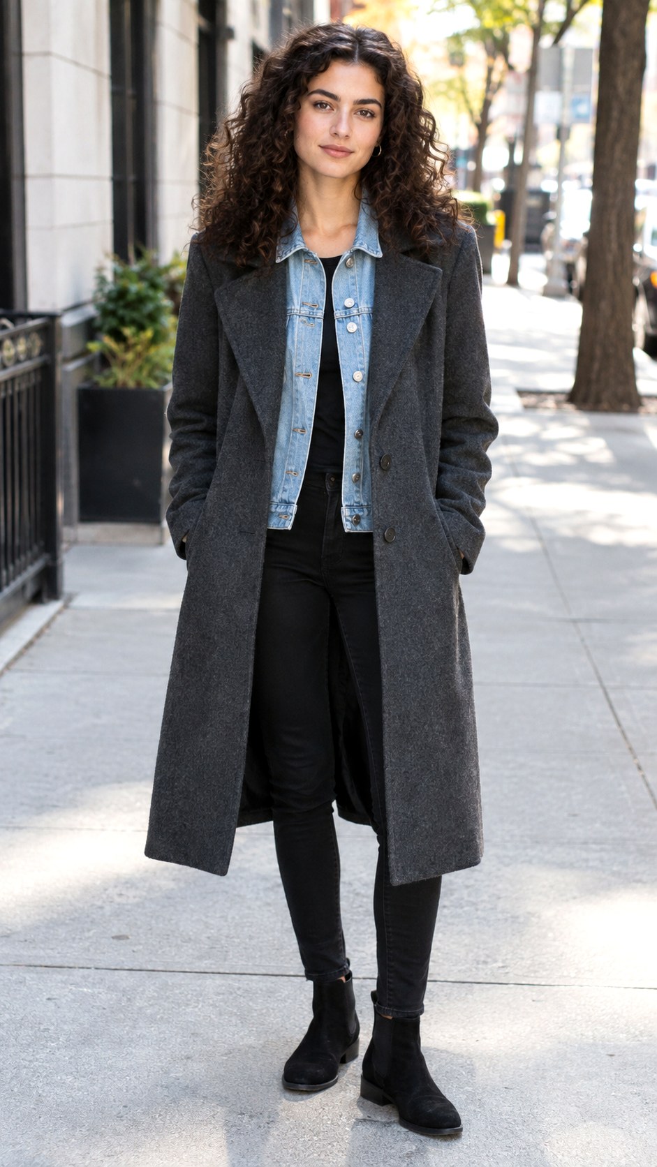 Denim Jacket Under Wool Overcoat - 22 layered fall fashion outfit ideas