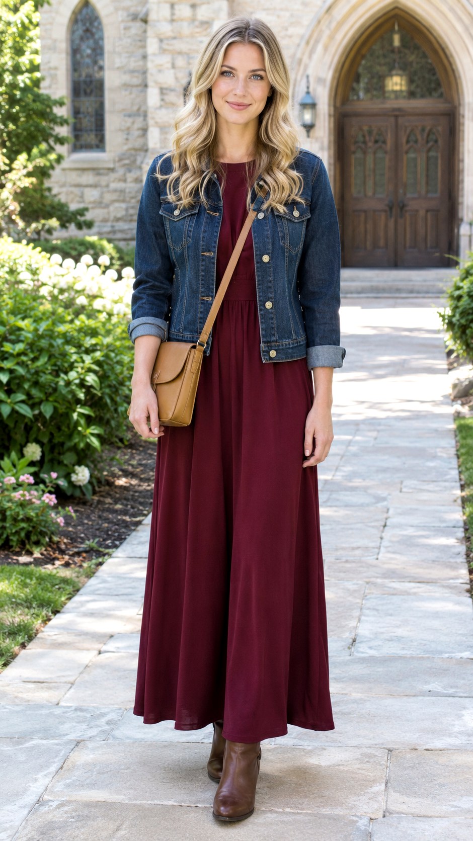 Denim Jacket With Burgundy Maxi Dress - 20 fall church outfit ideas