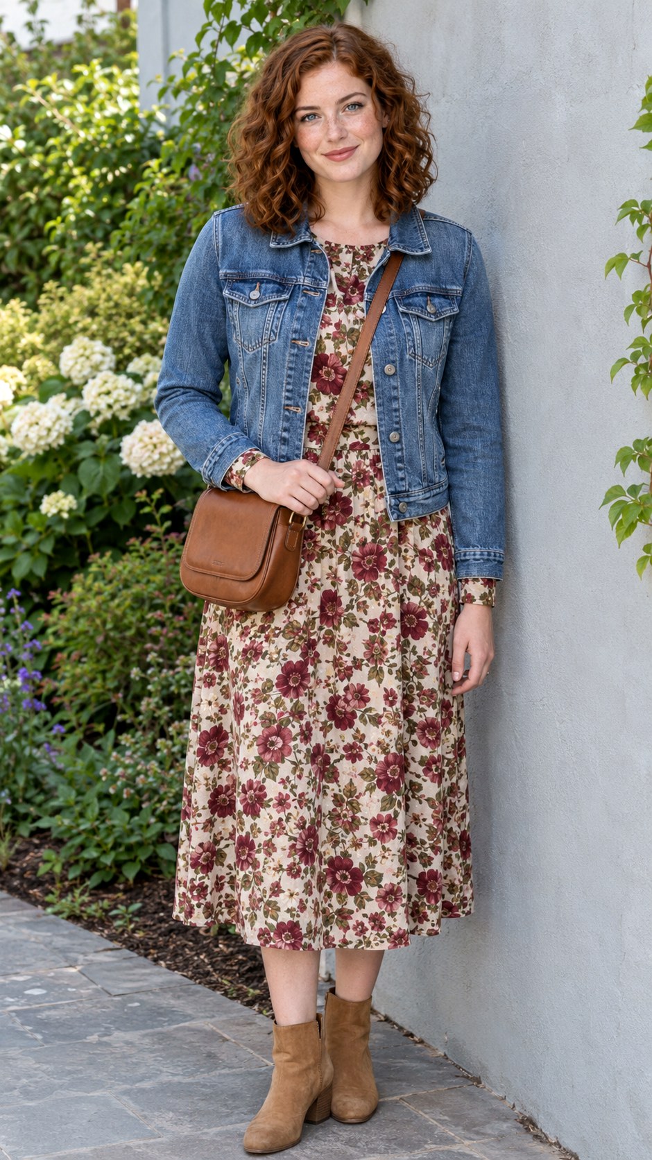 Denim Jacket With Floral Midi Dress - 20 fall clothes outfit ideas