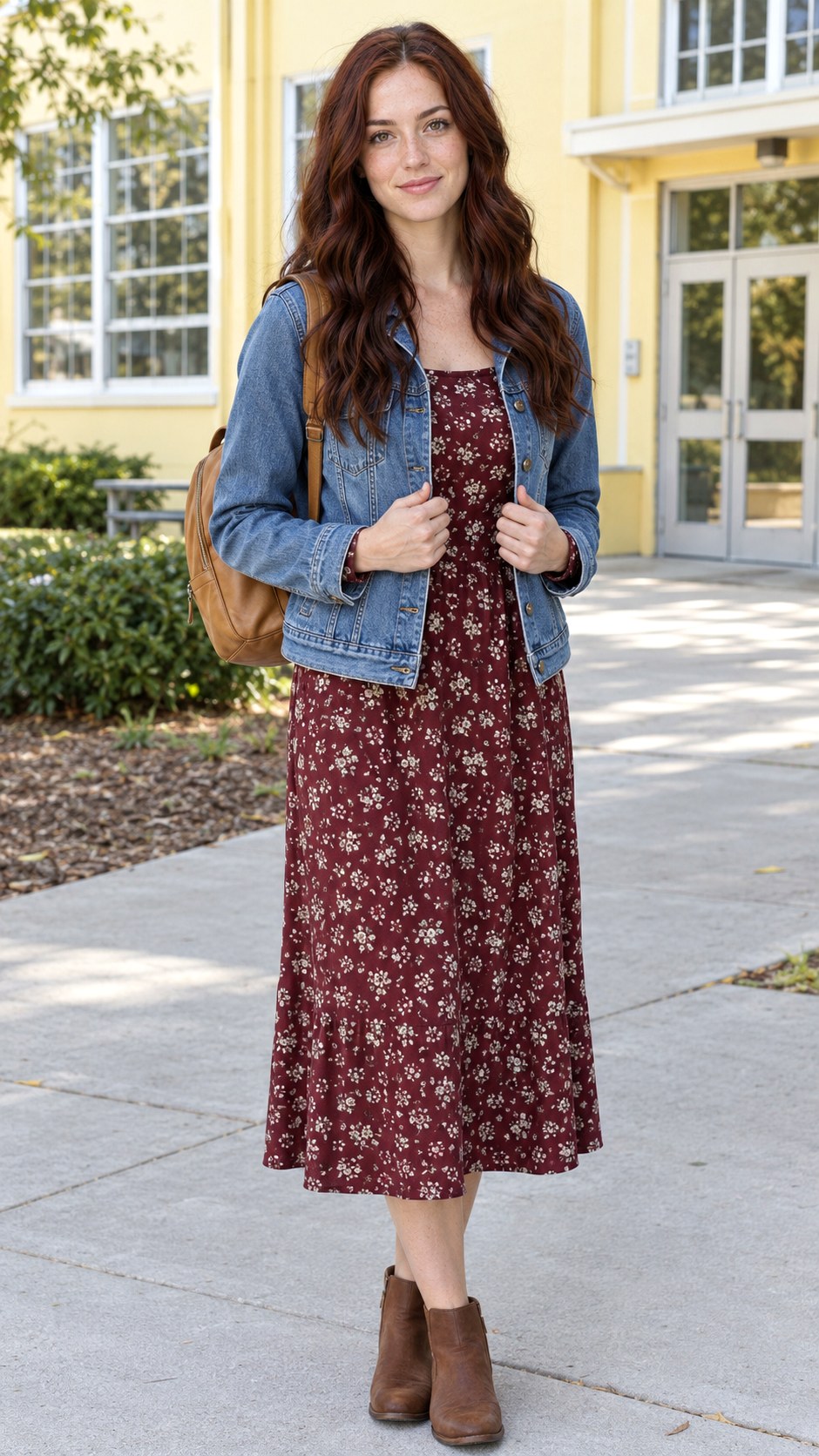 Denim Jacket With Floral Midi Dress - 20 fall outfits for school