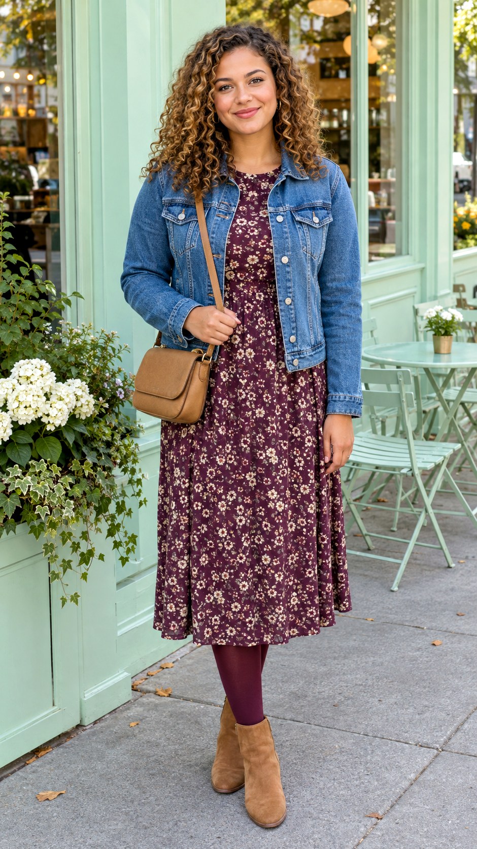 Denim Jacket With Floral Midi Dress - 20 autumn outfit ideas